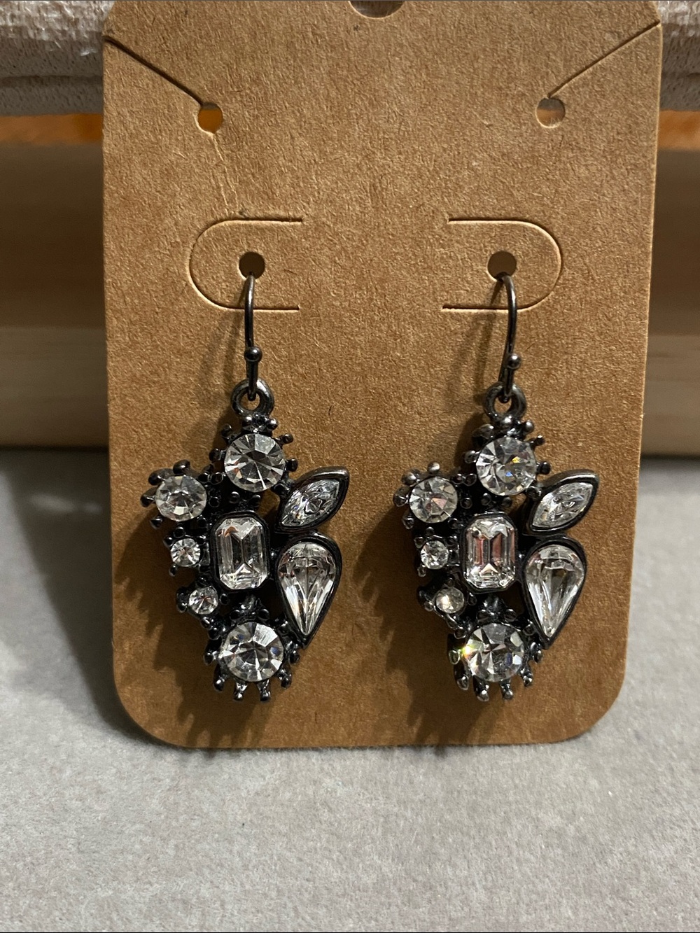 Crystal Cluster Drop Earrings - Black Metal, Clear Stones